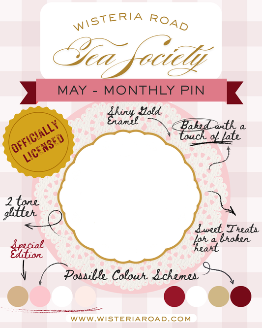 Wisteria Road Tea Society Pin Club May Edition featuring a decorative tea-themed enamel pin on a white background.